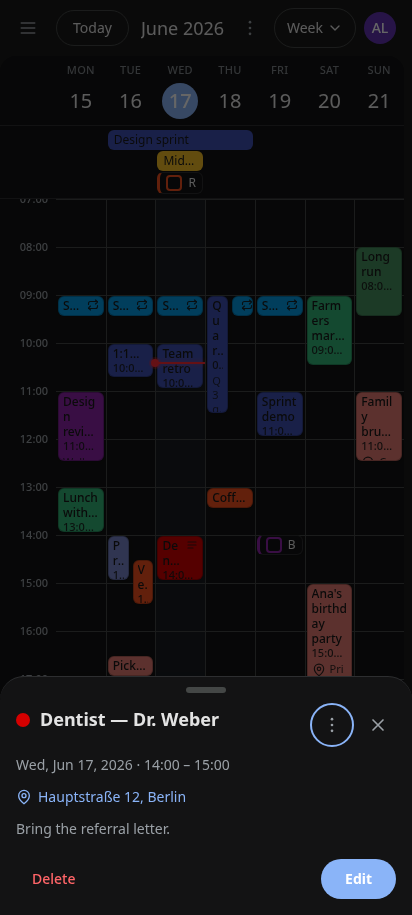 An event's details, with its location and notes