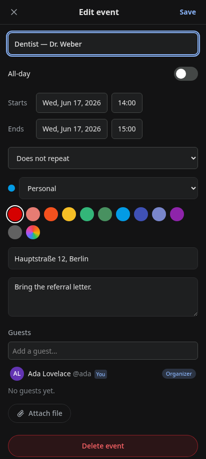 The event editor, with the colour picker and guest list