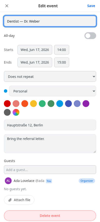 The event editor, with the colour picker and guest list