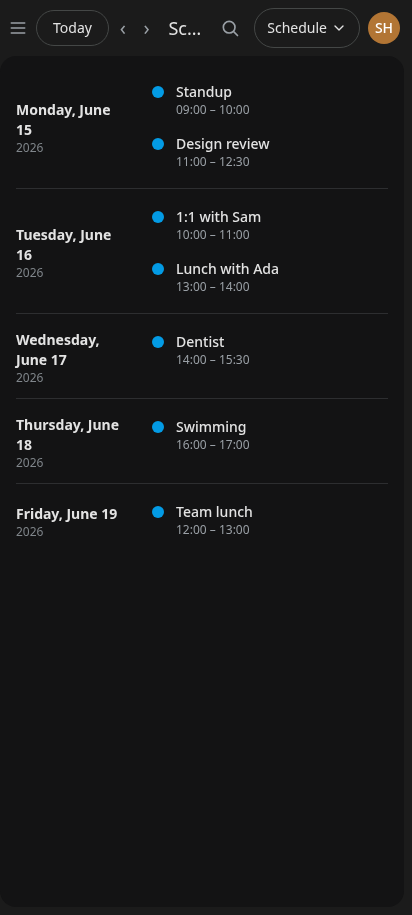 The schedule view on a phone, listing upcoming events