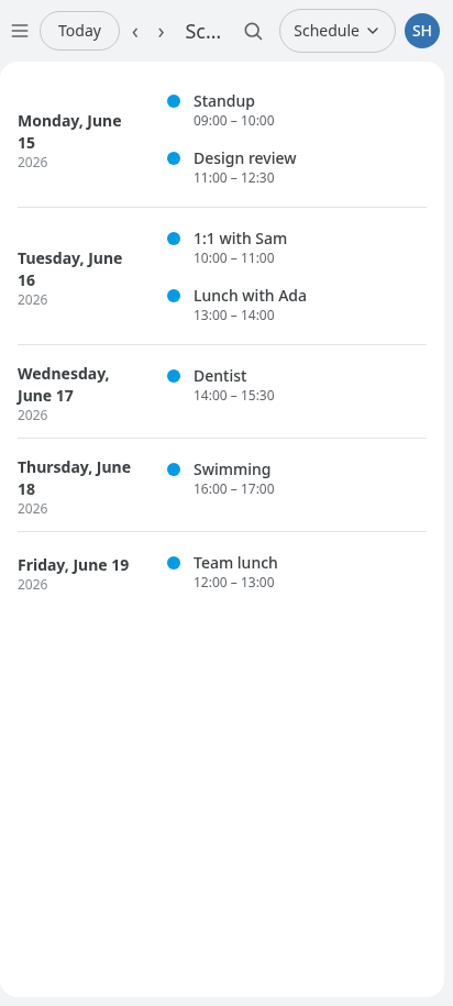 The schedule view on a phone, listing upcoming events