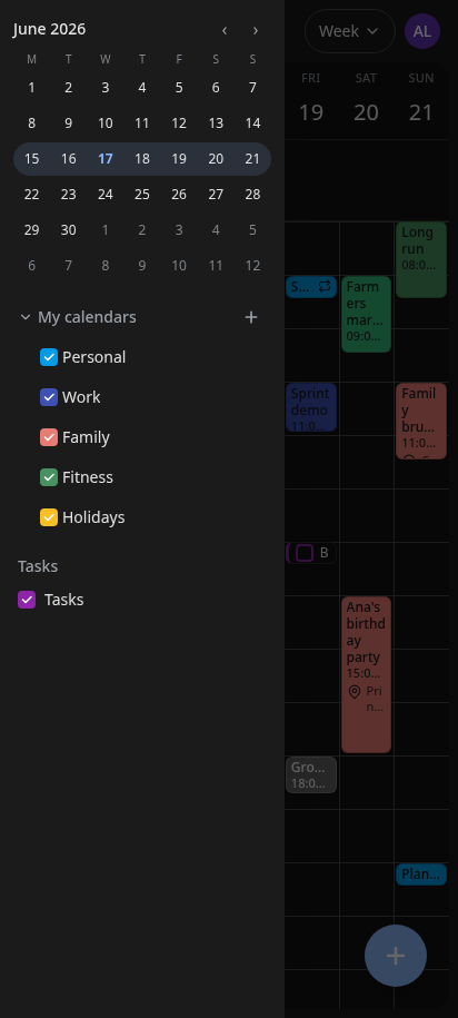 The calendar list, with a colour per calendar
