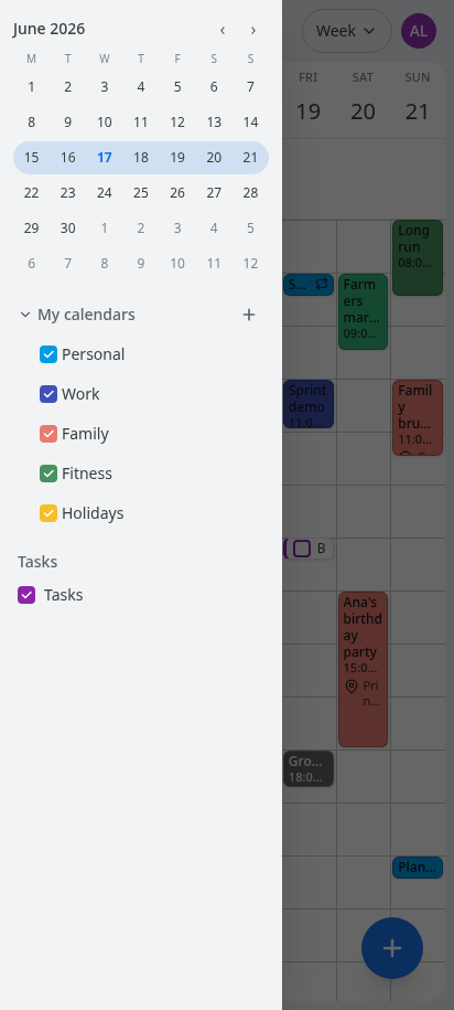 The calendar list, with a colour per calendar