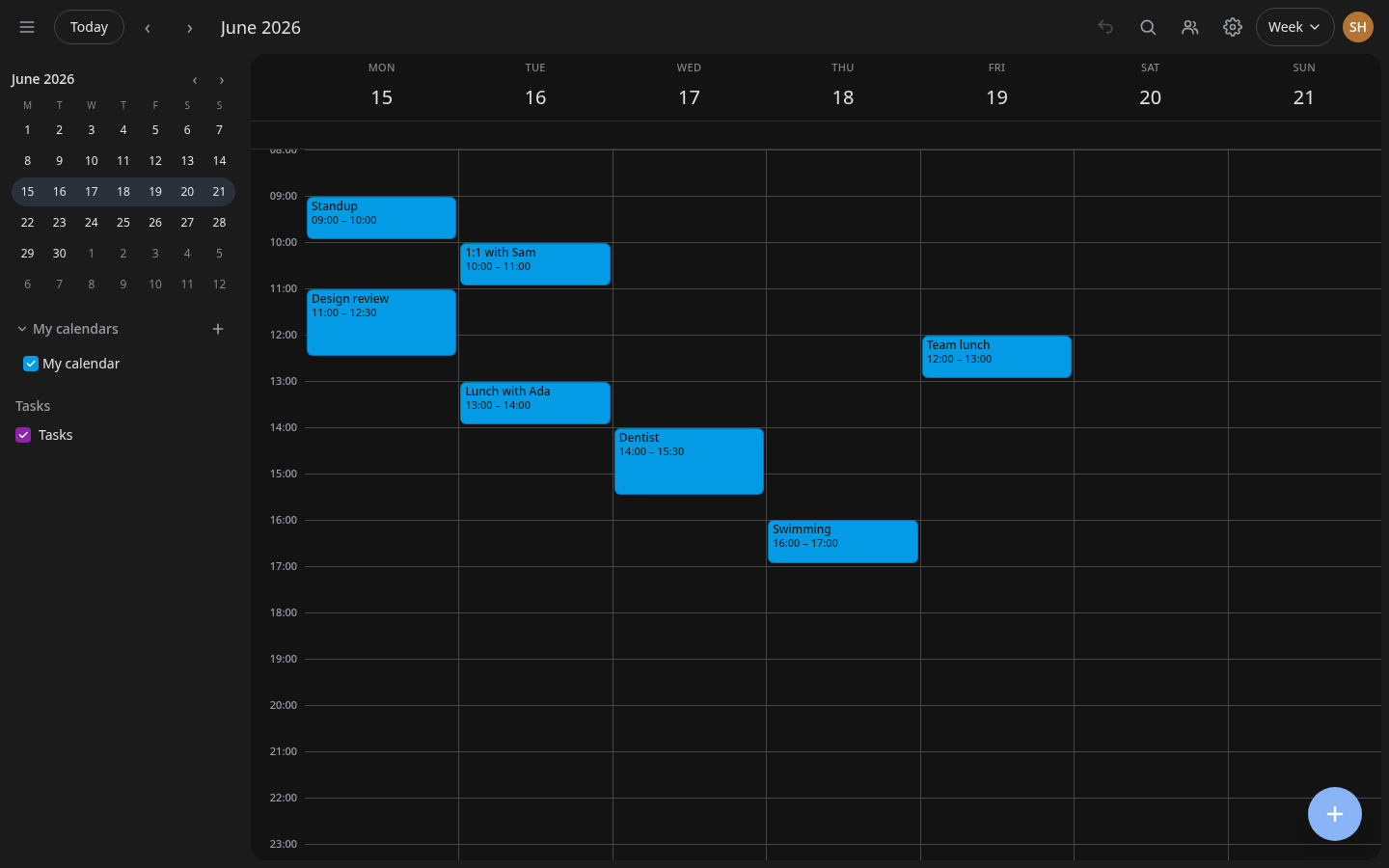 Hyper-Calendar's week view: seven day columns with events laid out across a working week