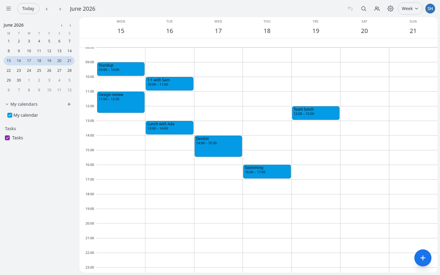 Hyper-Calendar's week view: seven day columns with events laid out across a working week
